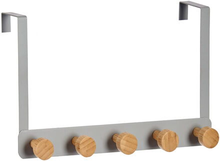 Berilo Badkamer deurhanger voor baddoeken zilver met 5 ophanghaken/knoppen 33 cm