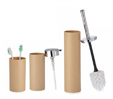 Berilo Badkamer set Toiletborstel/zeeppompje/beker beige kunststof - Badkameraccessoireset