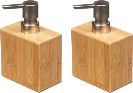 Berilo Luxe zeeppompje/dispenser Bamboo - 2x - lichtbruin/zilver - hout - 10 x 6 x 15 cm - 500 ml