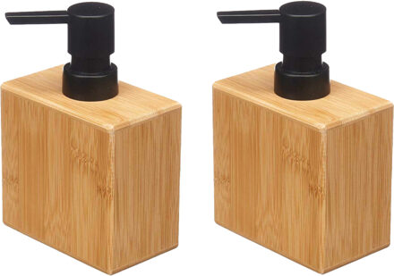 Berilo Luxe zeeppompje/dispenser Bamboo - 2x - lichtbruin/zwart - hout - 10 x 6 x 15 cm - 300 ml