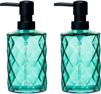 Berilo Luxe zeeppompje/dispenser Diamond - 2x - groen transparant - glas - 18 x 7 cm - 410 ml