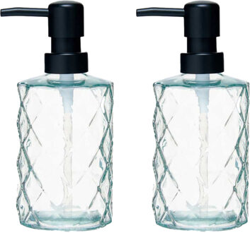 Berilo Luxe zeeppompje/dispenser Diamond - 2x - helder transparant - glas - 18 x 7 cm - 410 ml