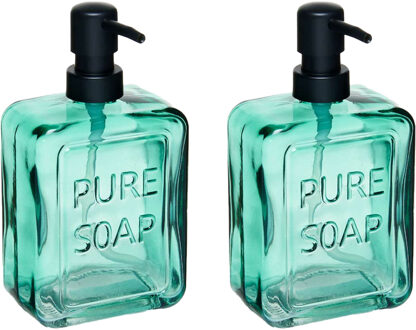 Berilo Luxe zeeppompje/dispenser PURE - 2x - groen transparant - glas - 18 x 10 cm - 570 ml