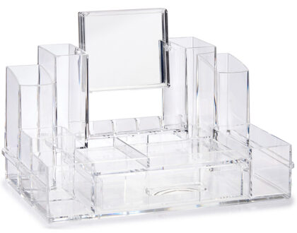 Berilo Make-up organizer/opberger 13-vaks met lade en spiegel 29 x 16 cm van kunststof - Make-up dozen Transparant