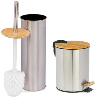 Berilo Pedaalemmer en Toiletborstel Steel - softclose - 3 liter - zilver/beige - 17x23 cm