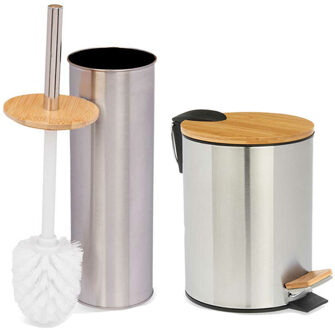 Berilo Pedaalemmer en Toiletborstel Steel - softclose - 5 liter - zilver/beige - 20x26 cm