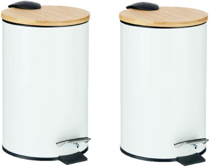 Berilo Prullenbak/pedaalemmer - 2x - wit - 3 liter - metaal/bamboe - 17 x 23,5 cm