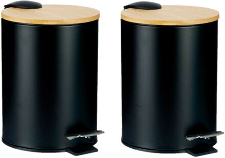 Berilo Prullenbak/pedaalemmer - 2x - zwart - 3 liter - metaal/bamboe - 17 x 23,5 cm