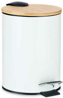 Berilo Prullenbak/pedaalemmer - wit - 3 liter - metaal/bamboe - 17 x 23,5 cm