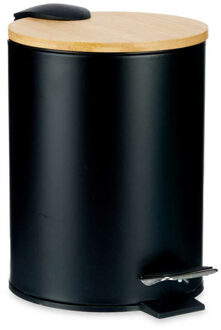 Berilo Prullenbak/pedaalemmer - zwart - 3 liter - metaal/bamboe - 17 x 23,5 cm