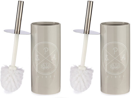 Berilo Set van 2x stuks toiletborstel/wc-borstel kiezelgrijs met tekst keramiek 31 cm
