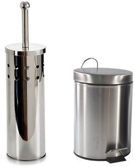 Berilo Toiletborstel houder zilver rvs 38 cm met pedaalemmer 3 liter