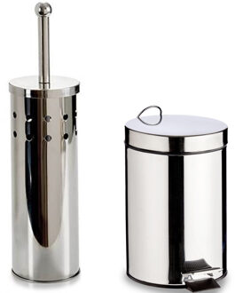Berilo Toiletborstel houder zilver rvs 38 cm met pedaalemmer 5 liter