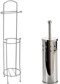 Berilo WC-/toiletborstel in houder 40 cm met wc-rollen houder - rvs zilver - Badkameraccessoireset Zilverkleurig