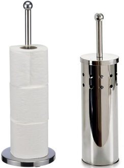 Berilo WC-/toiletborstel in houder 40 cm met wc-rollen houder - rvs zilver