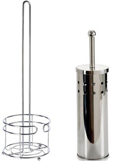 Berilo WC-/toiletborstel in houder 40 cm met wc-rollen houder - rvs zilver