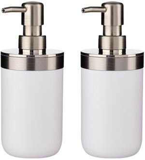 Berilo Zeepdispenser pompje - 2x - 16 cm - kunststof en rvs - wit/zilver - 360 ml - toilet - keuken
