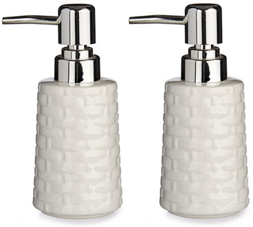 Berilo Zeeppompje/dispenser - 2x - keramiek - wit - zilver - 150 ml - navulbaar - toilet/badkamer/to