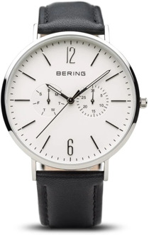 Bering Klassiek Leren Horloge Zwart Wit Bering , Black , Heren - ONE Size