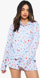 Berry Print Lang Mouw Overhemd & Shorts Pyjama Set, Blue - 34