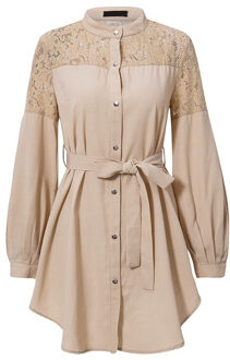 Berrygo Lace Vrouwen Shirt Jurken Pure Mesh Borduren Lange Mouw Knop Kantoor Dames Jurken Solid Sjerpen Zomer Mini Jurk