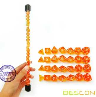 Bescon 28pcs Translucent Orange Mini Polyhedral Dice Set in Tube, Mini RPG Dice 4X7pcs,Mini Gem Dice Tube Set