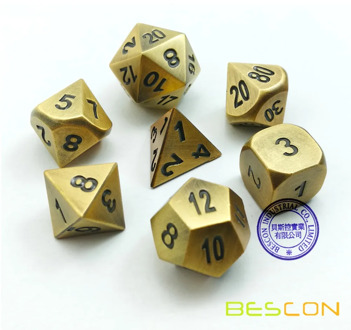 Bescon Brass Solid Metal Polyhedral D&D Dice Set of 7 Copper Metal RPG Role Playing Game Dice 7pcs Set