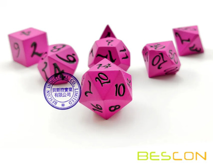 Bescon Fresh New Solid Metal Dice Set Deep Pink,Metal RPG Miniature Polyhedral dice set of 7 for role Playing Games