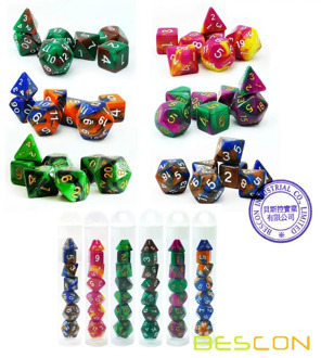 Bescon Mini Two Tone Polyhedral RPG Dice Set 10MM, Small Dice Set D4-D20 in Tube, 6 New Assorted Colored of 42pcs