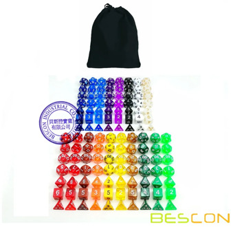 Bescon Multi-Colored RPG Dice Pack of 126 Polyhedral Dice 18 Complete Sets of 7 Dice 18 Different Colors - Black Velvet Bag