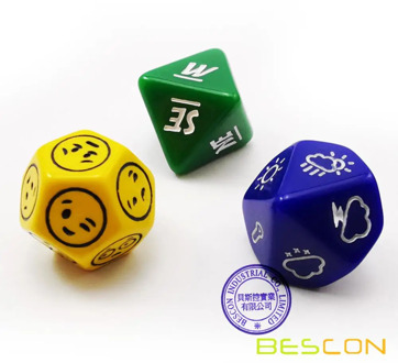 Bescon's Emotion, Weather and Direction Dice Set, 3 piece Proprietary Polyhedral RPG Dice Set in Blue, Green, Yellow