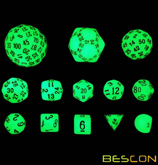 Bescon Super Glowing in Dark Complete Polyhedral RPG Dice Set 13pcs D3-D100, Luminous 100 Sides Dice set