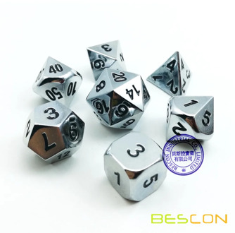 Bescon Super Shiny Gloss Silver Metal 7pcs Polyhedral Dice Set, Chrome Metal RPG Game Dice 7pcs Set