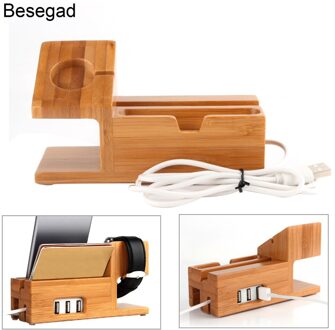 Besegad Hout Opladen Charger Station Dock Stand Houder W/3 Usb Hub Port Voor Apple Horloge Iwatch 2 3 4 Iphone X 8 7 6 6 S Plus