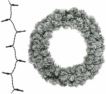 Besneeuwde kerstkrans/dennenkrans/deurkrans 60 cm inclusief gekleurde verlichting