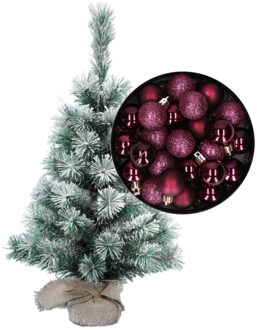Besneeuwde mini kerstboom/kunst kerstboom 35 cm met kerstballen aubergine paars