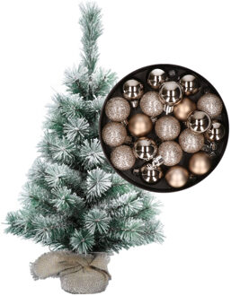 Besneeuwde mini kerstboom/kunst kerstboom 35 cm met kerstballen champagne