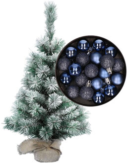 Besneeuwde mini kerstboom/kunst kerstboom 35 cm met kerstballen donkerblauw - Kunstkerstboom Multikleur