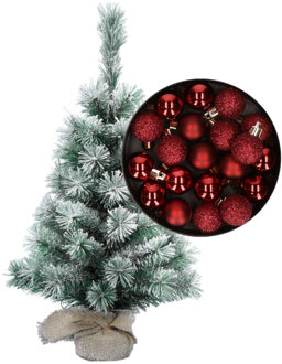 Besneeuwde mini kerstboom/kunst kerstboom 35 cm met kerstballen donkerrood