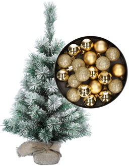 Besneeuwde mini kerstboom/kunst kerstboom 35 cm met kerstballen goud
