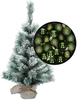 Besneeuwde mini kerstboom/kunst kerstboom 35 cm met kerstballen groen