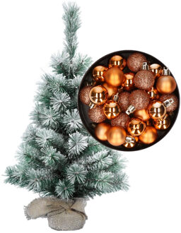 Besneeuwde mini kerstboom/kunst kerstboom 35 cm met kerstballen koper