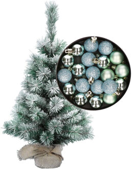 Besneeuwde mini kerstboom/kunst kerstboom 35 cm met kerstballen mintgroen - Kunstkerstboom Multikleur