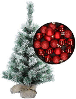 Besneeuwde mini kerstboom/kunst kerstboom 35 cm met kerstballen rood - Kunstkerstboom Multikleur