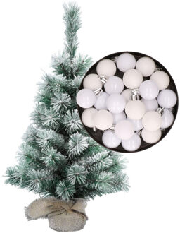 Besneeuwde mini kerstboom/kunst kerstboom 35 cm met kerstballen wit - Kunstkerstboom Multikleur