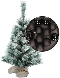 Besneeuwde mini kerstboom/kunst kerstboom 35 cm met kerstballen zwart - Kunstkerstboom Multikleur