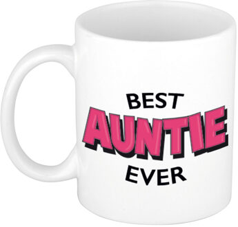 Best auntie ever cadeau koffiemok / theebeker wit met roze letters 300 ml - feest mokken