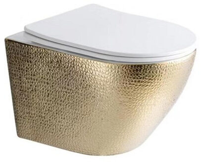 Best Design Wandcloset Royal-Gold Rimfree Inclusief Zitting Glans Wit/Goud