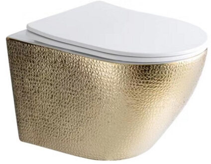 Best Design Wandcloset Royal-Gold Rimfree Inclusief Zitting Glans Wit/Goud