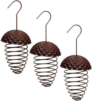 Best for Birds 3x stuks ijzeren voederveren voor vetbollen/mezenbollen eikelvorm 23 cm - Vogel voederhangers/vetbolhangers